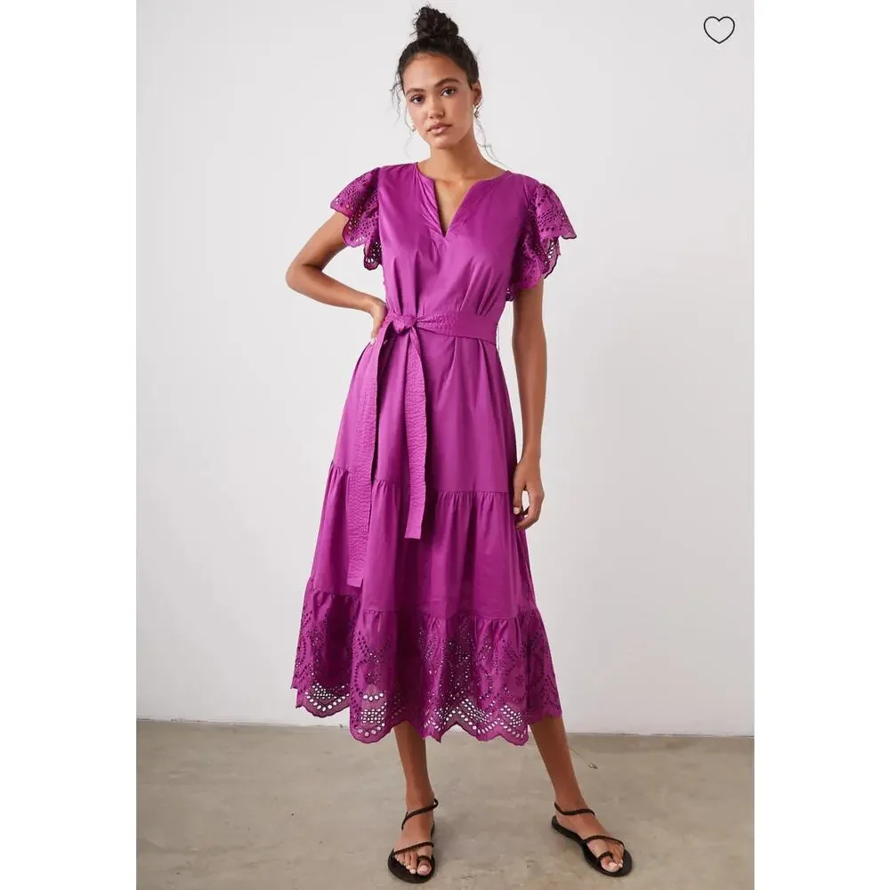Rails Purple Magenta Berry Gia Dress Cotton Poplin Eyelet Midi Dress Size Medium
